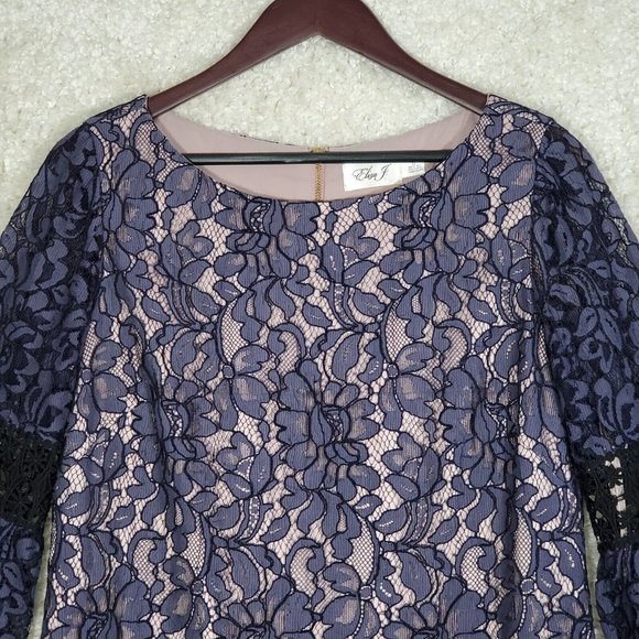 Eliza J Dress Womens 12 Sheath 3/4 Bell Sleeves Lace Lined Scallop Edge Purple - Picture 4 of 16